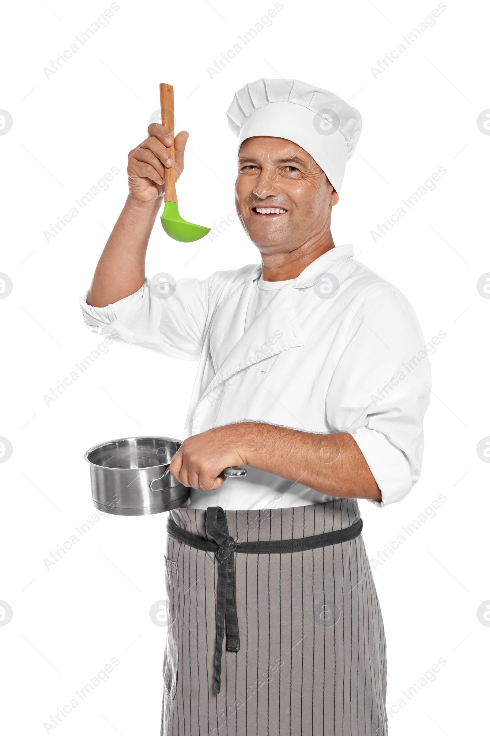 Photo of Mature male chef holding ladle and saucepan on white background