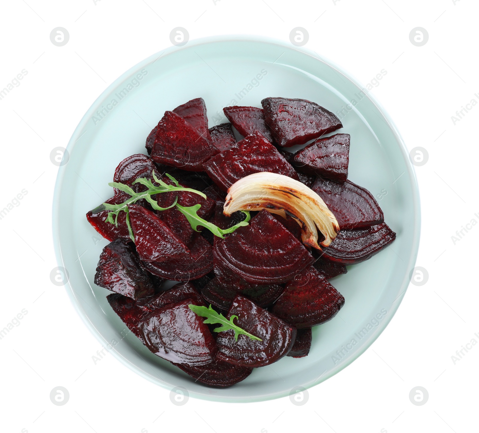 Photo of Plate with roasted beetroot slices, arugula and onion isolated on white, top view