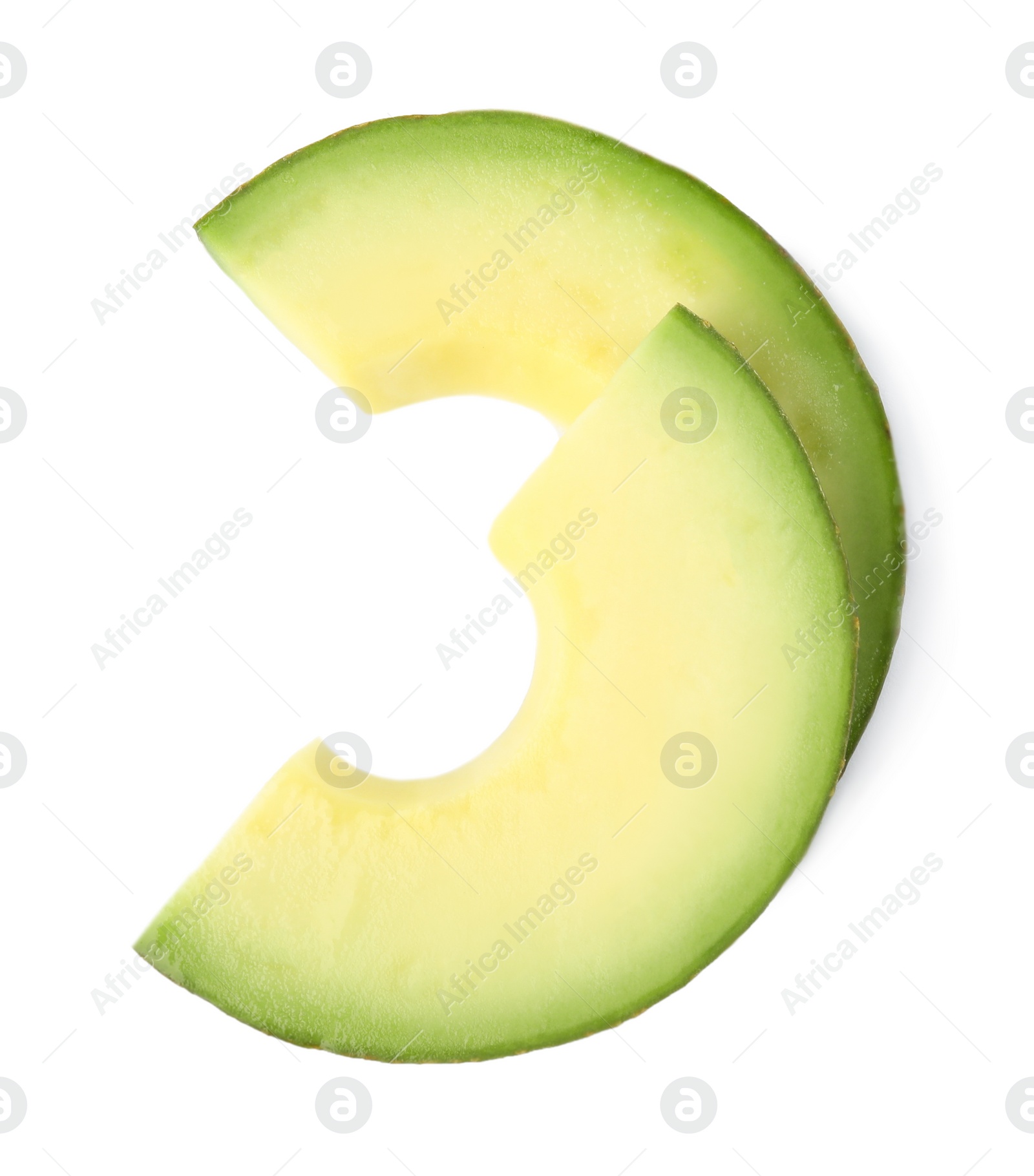 Photo of Slices of tasty ripe avocado on white background, top view