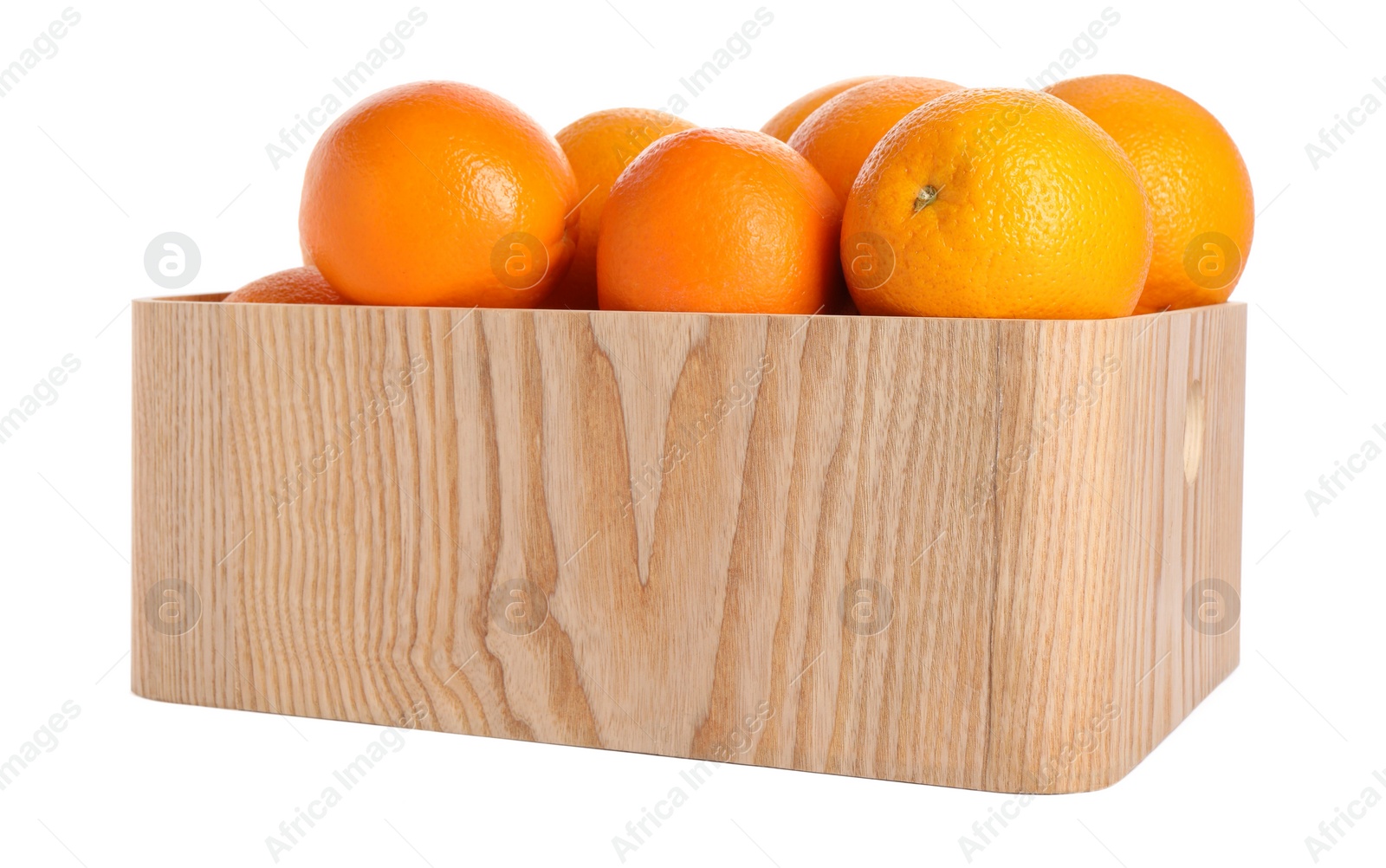 Photo of Fresh oranges in wooden crate isolated on white