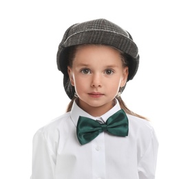 Photo of Cute little detective in hat on white background