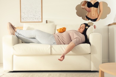 Image of Overweight woman dreaming about slim body on sofa at home. Weight loss concept