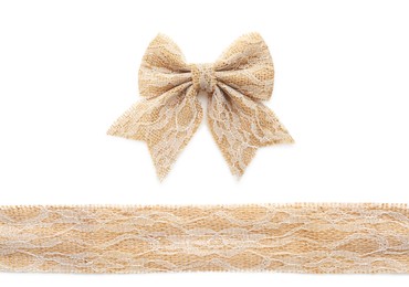 Image of Pretty bow and ribbon made of burlap with lace on white background