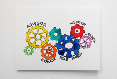 Sheet of paper with color gears and different role models on white background, top view