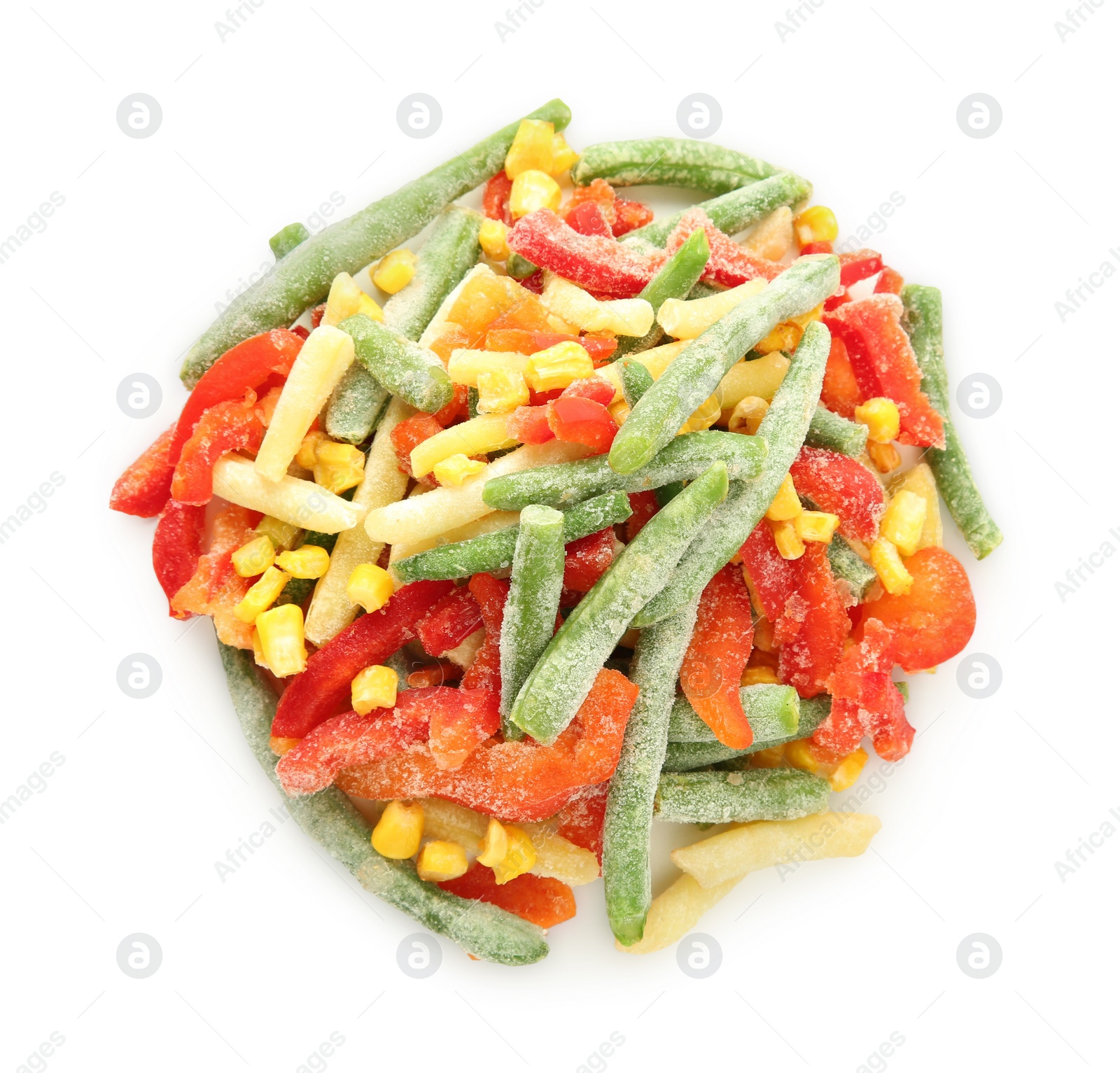 Photo of Mix of different frozen vegetables isolated on white, top view