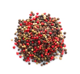 Photo of Mix of different pepper grains on white background, top view