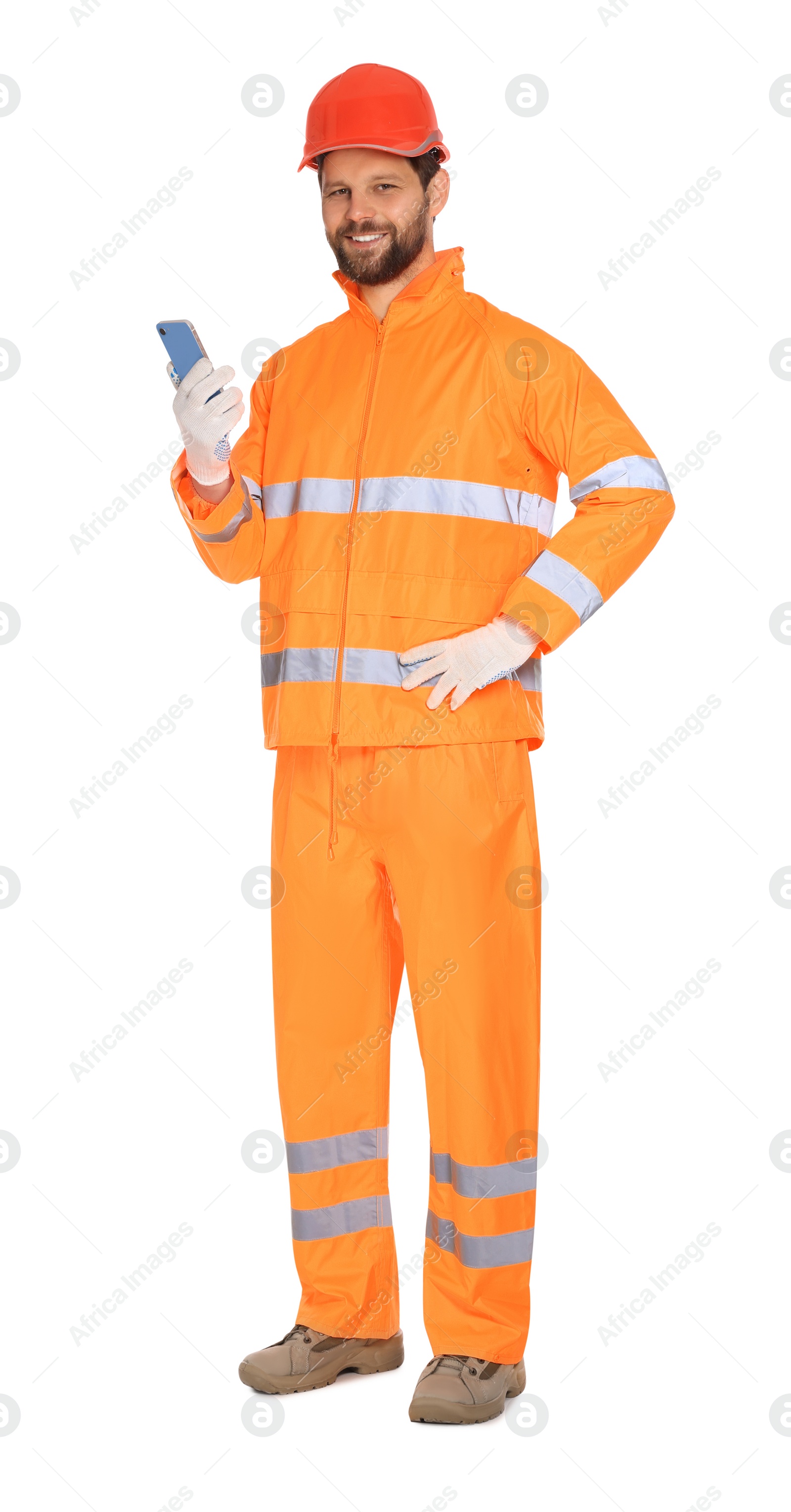 Photo of Man in reflective uniform with smartphone on white background