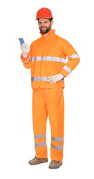 Photo of Man in reflective uniform with smartphone on white background