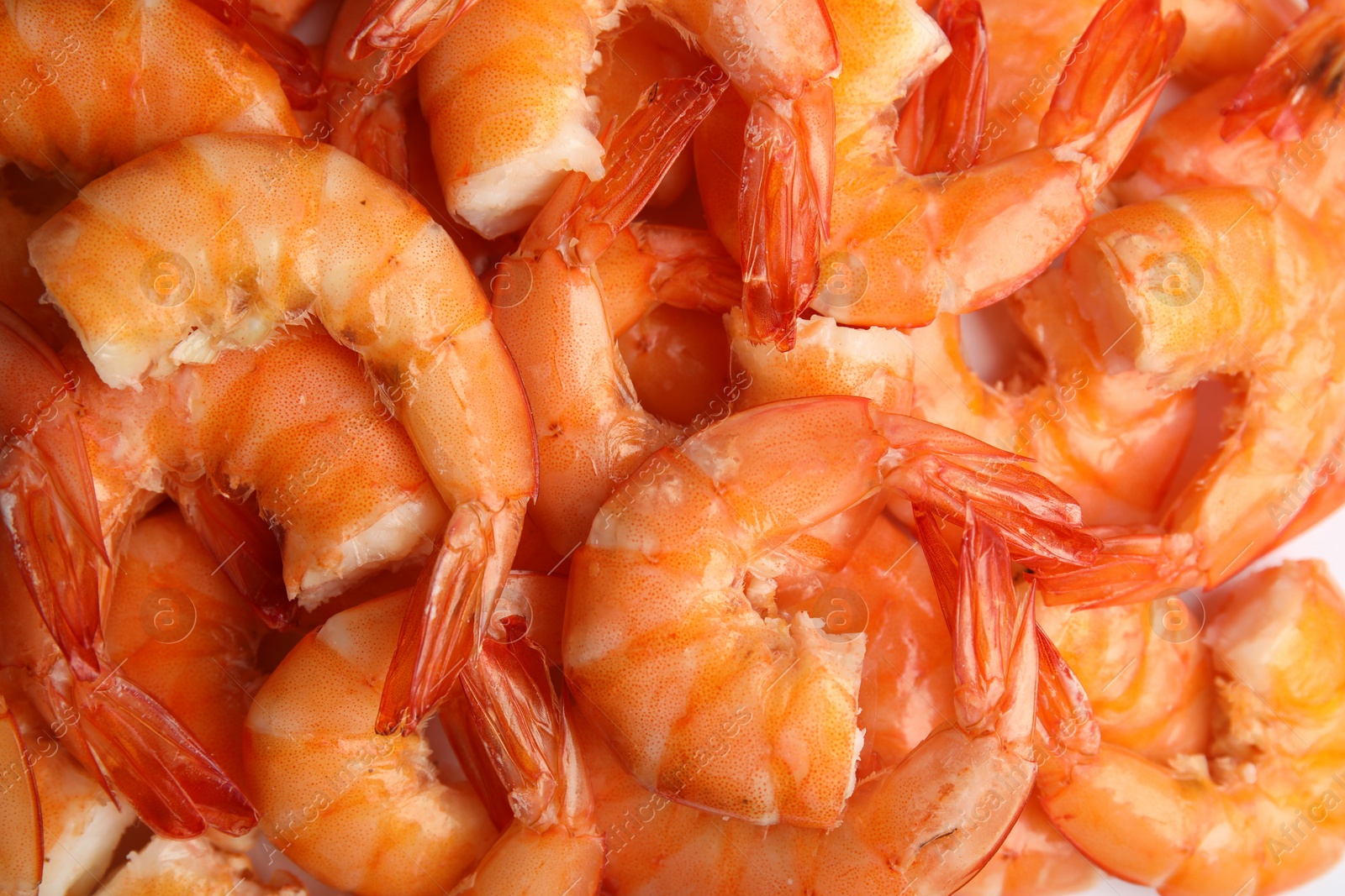 Photo of Pile of delicious cooked shrimps as background, closeup