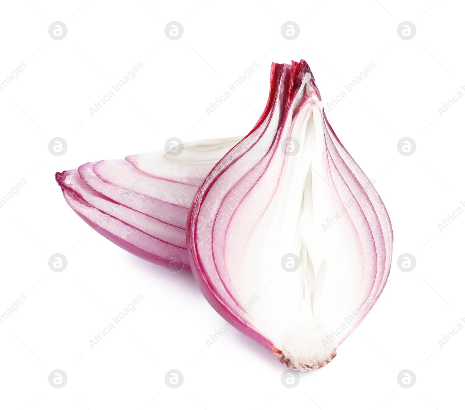 Photo of Fresh cut red onion on white background