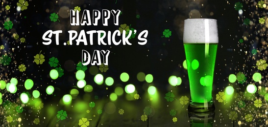 Image of Happy St. Patrick's Day. Tasty green beer on table, banner design