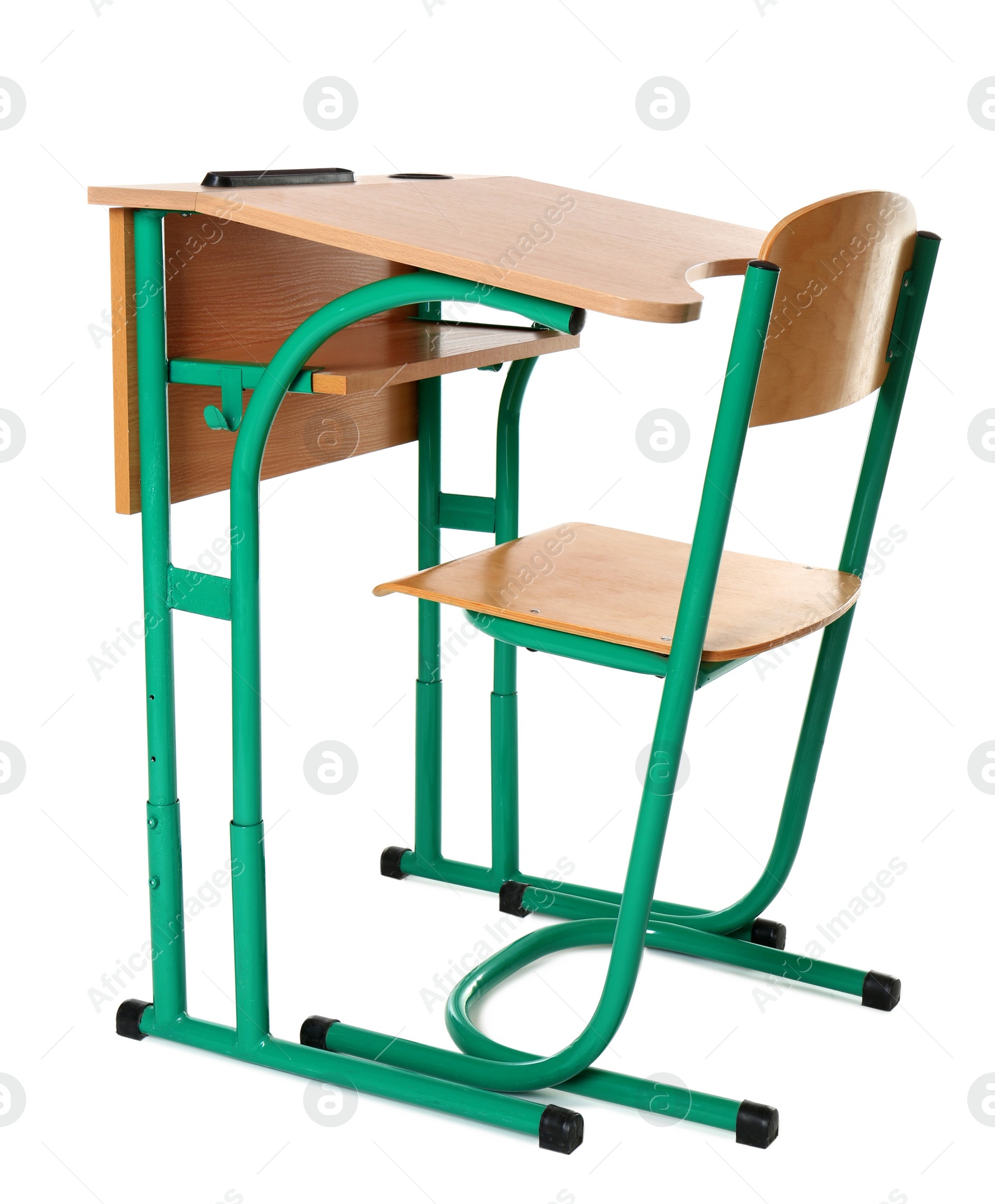 Photo of Empty school wooden desk for classroom on white background