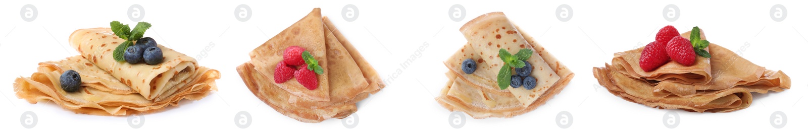 Image of Set of delicious crepes with berries and mint on white background. Banner design