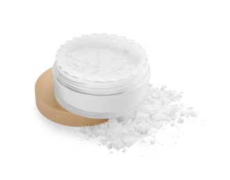 Photo of Rice face powder isolated on white. Natural cosmetic