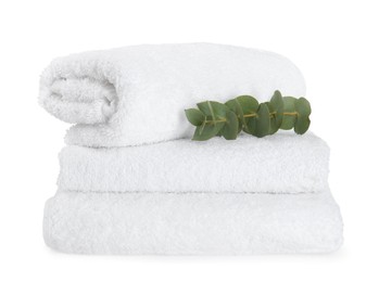 Photo of Terry towels and eucalyptus branch isolated on white