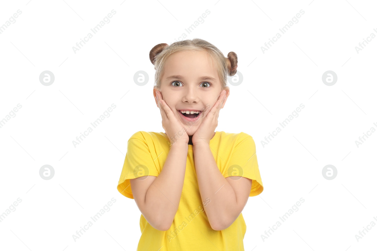 Photo of Cute little girl posing on white background