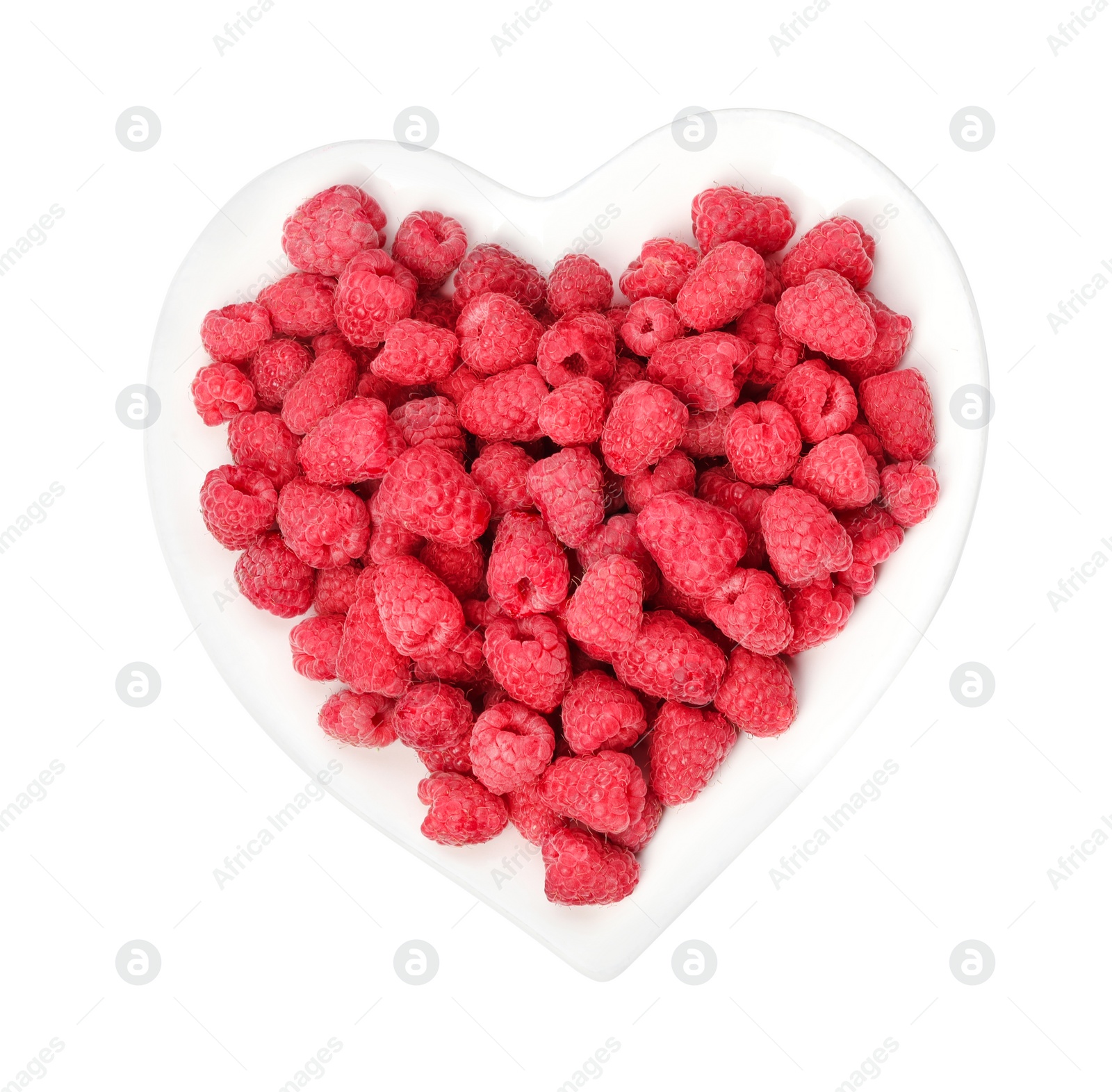 Photo of Heart-shaped plate of fresh ripe raspberries on white background, top view