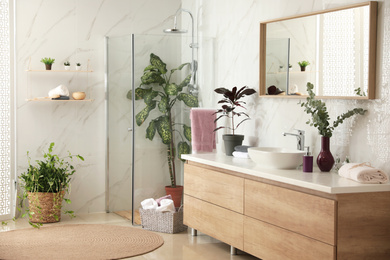 Stylish bathroom interior with countertop, shower stall and houseplants. Design idea