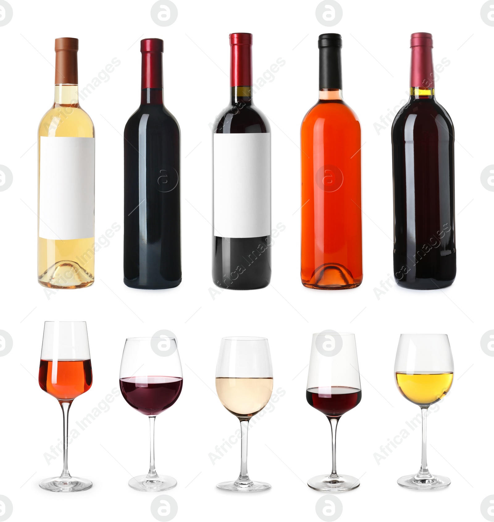 Image of Set with bottles and glasses of different delicious expensive wines on white background