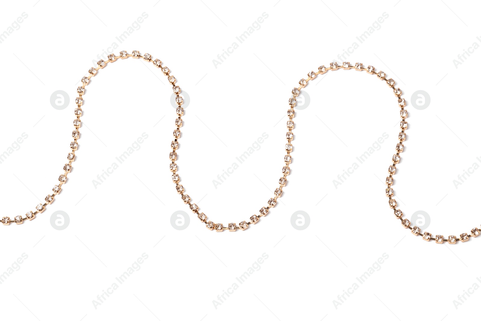 Photo of One metal chain with gemstones isolated on white, top view. Luxury jewelry