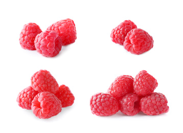 Set of fresh ripe raspberries on white background