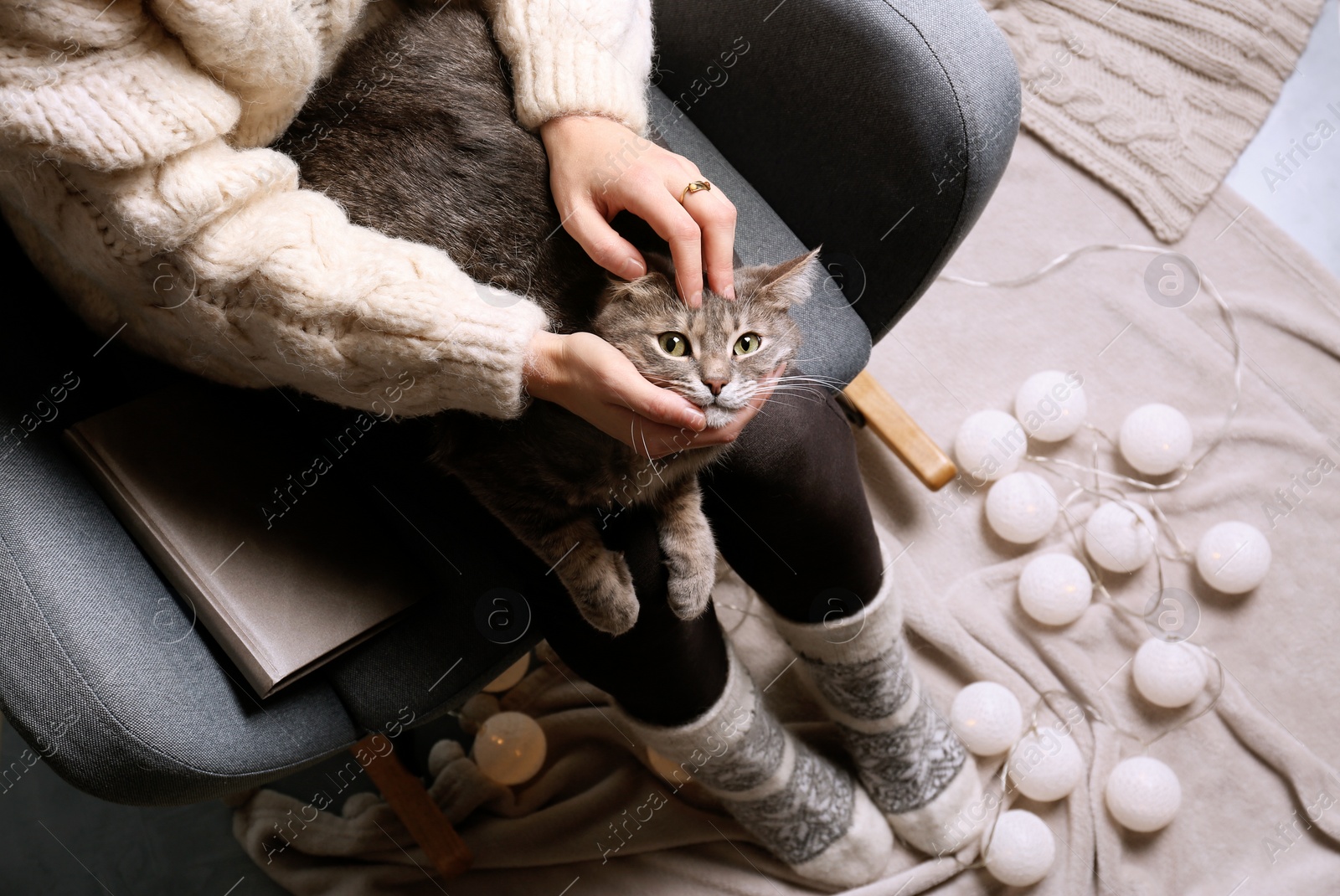 Photo of Woman in warm sweater with cute cat sitting in armchair, top view