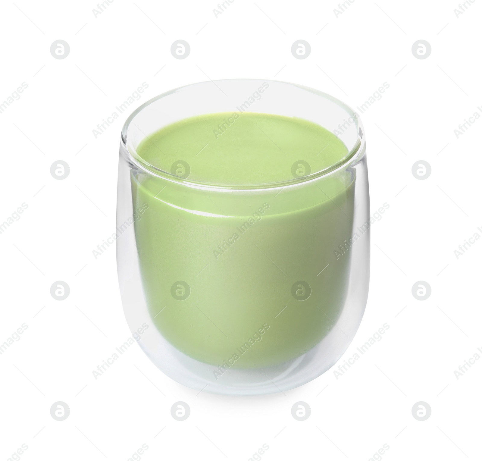 Photo of Glass of tasty matcha smoothie isolated on white