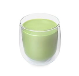 Glass of tasty matcha smoothie isolated on white