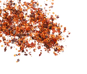 Photo of Crushed chili pepper on white background