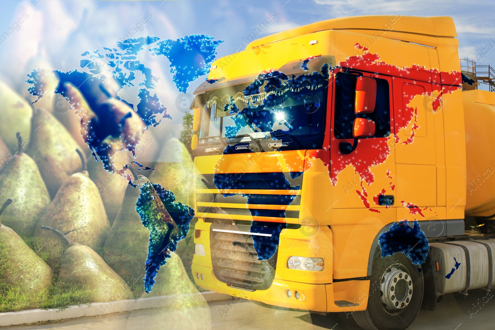 Image of Multiple exposure of truck, fresh pears and world map. Wholesale concept