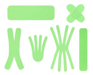 Image of Set with green kinesio tapes on white background