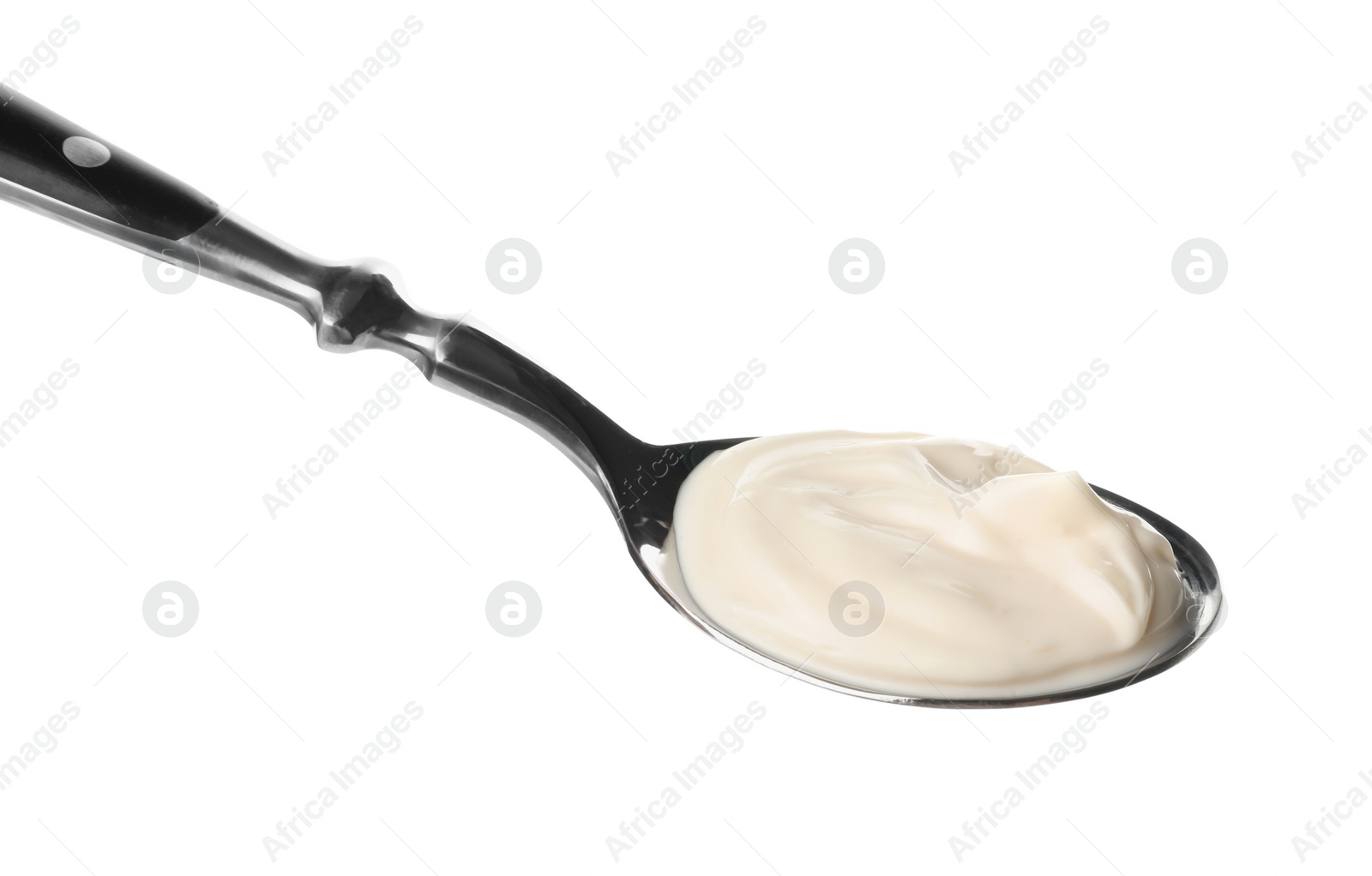 Photo of Spoon with tasty mayonnaise isolated on white