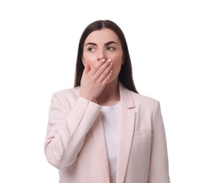 Beautiful young businesswoman in suit on white background