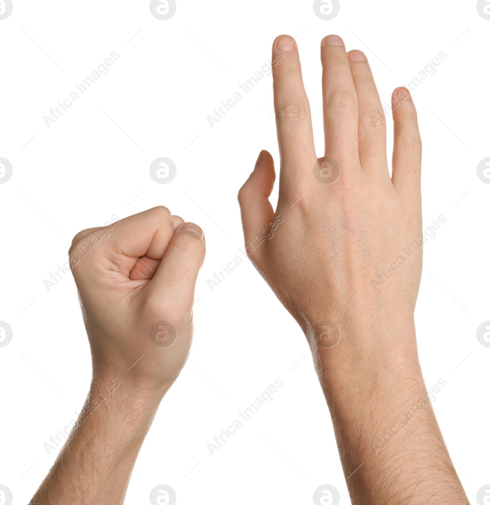 Photo of Freedom concept. Man showing his hands on white background, closeup