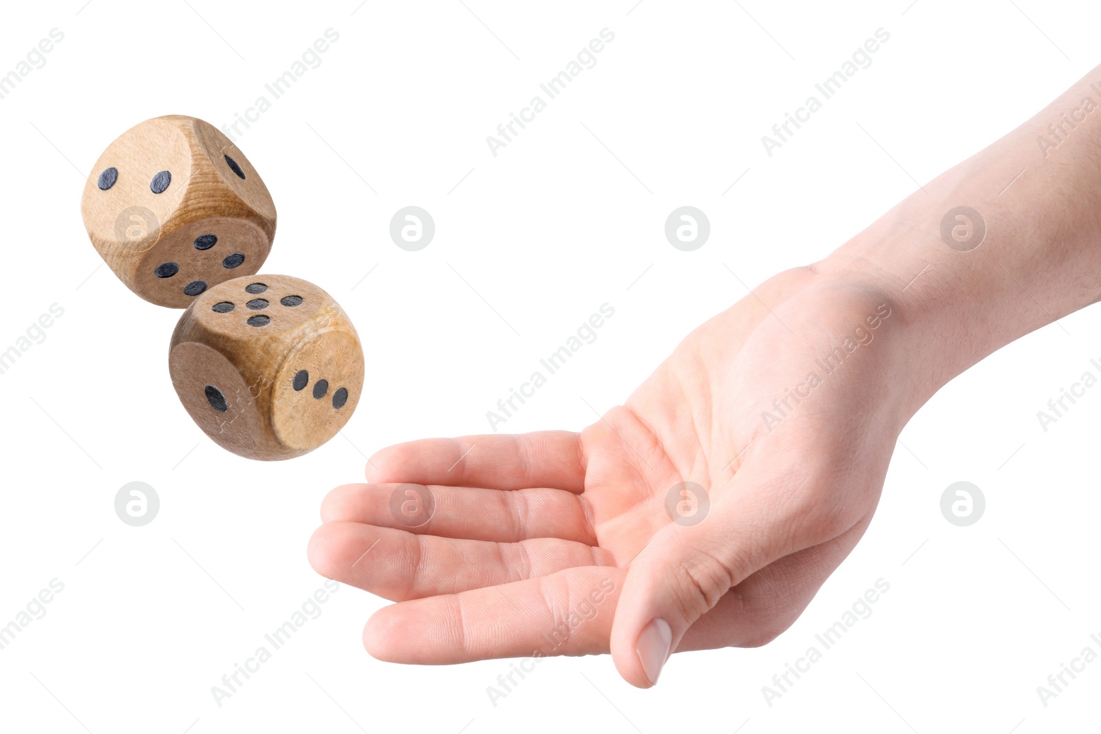 Image of Man throwing wooden dice on white background, closeup