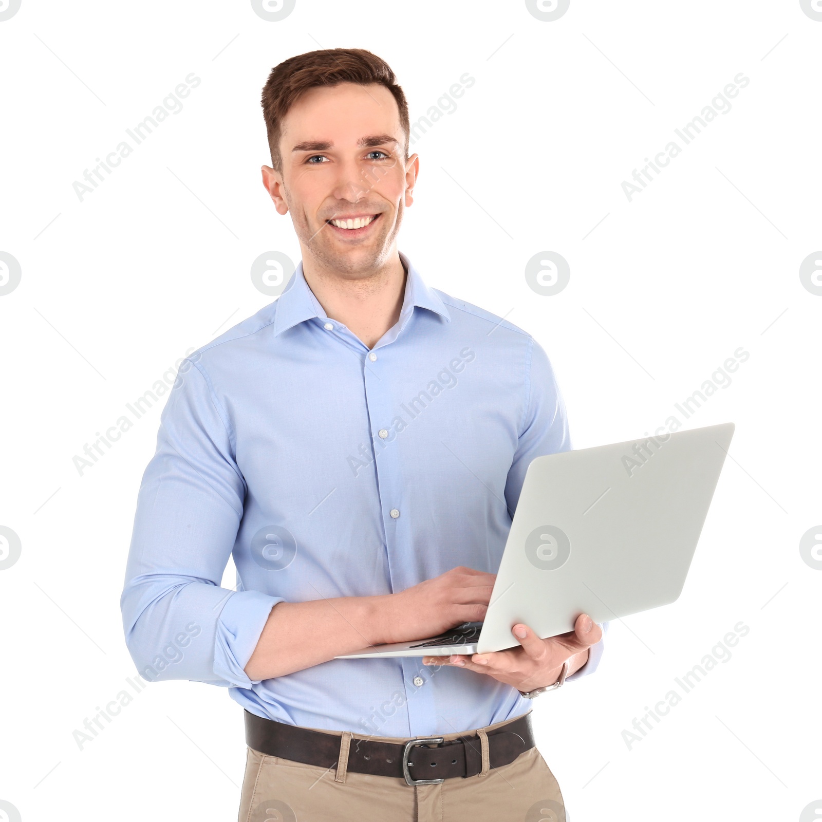 Photo of Young male teacher with laptop on white background