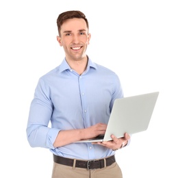 Young male teacher with laptop on white background