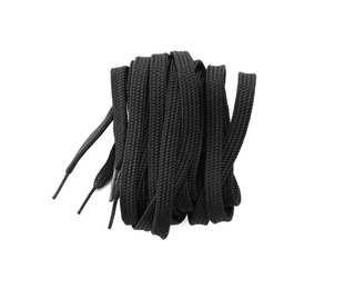Photo of Black shoe laces isolated on white, top view