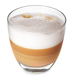 Photo of Glass of delicious latte macchiato isolated on white