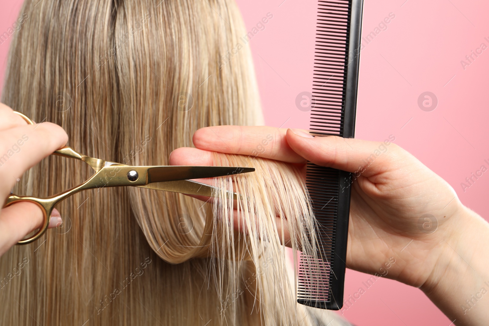 Photo of Hairdresser cutting client's hair with scissors on pink background, closeup