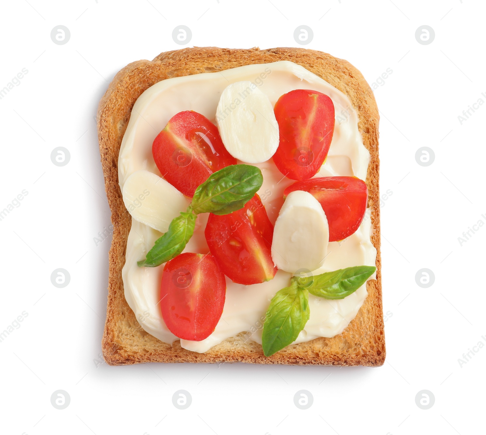 Photo of Tasty toast bread with cream cheese and cherry tomatoes on white background