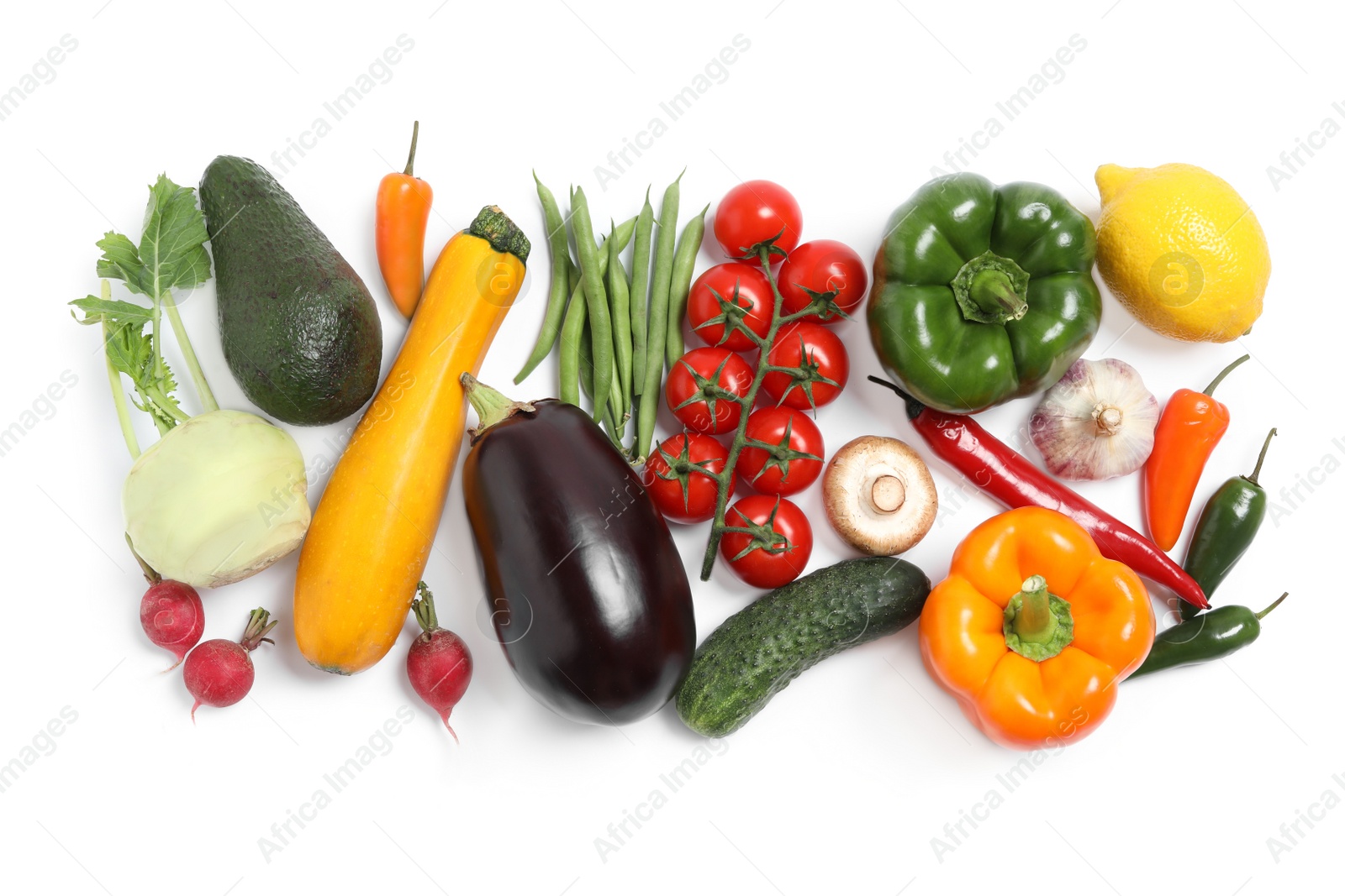 Photo of Many different fresh vegetables on white background, top view