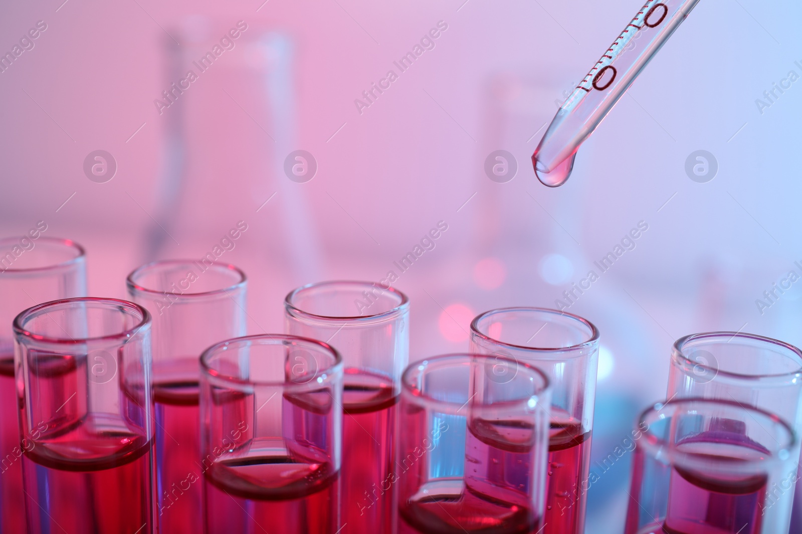 Photo of Dripping reagent into test tube with red liquid, closeup. Laboratory analysis