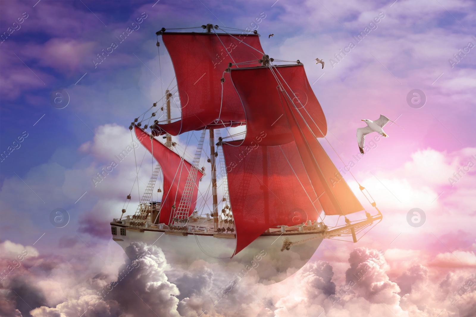 Image of Dream world. Sailing ship floating among wonderful fluffy clouds