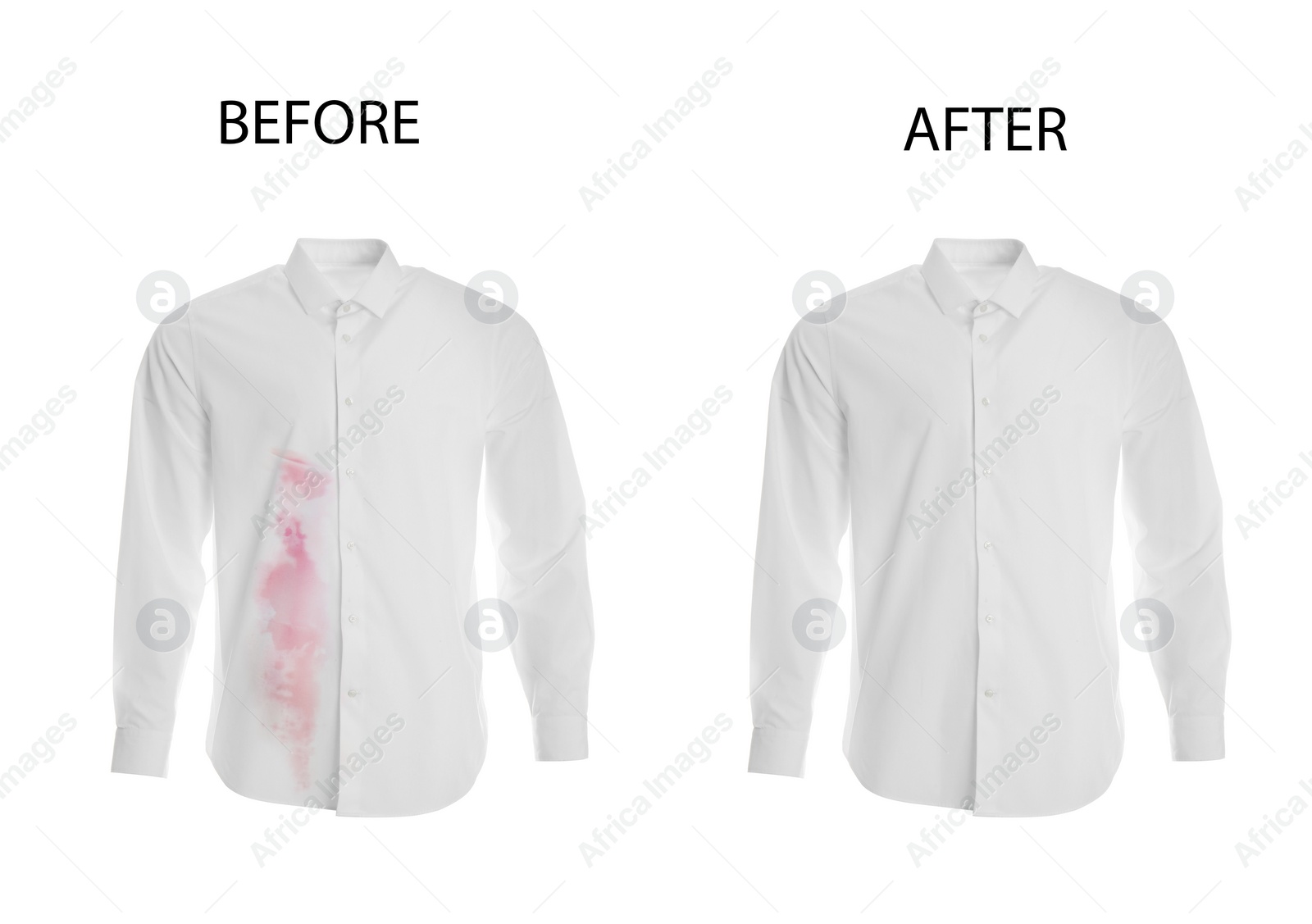 Image of Collage with dirty and clean shirt isolated on white. Before and after washing