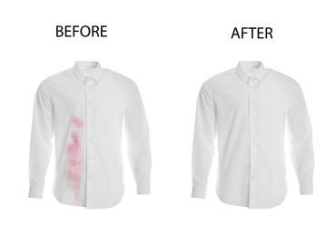 Image of Collage with dirty and clean shirt isolated on white. Before and after washing