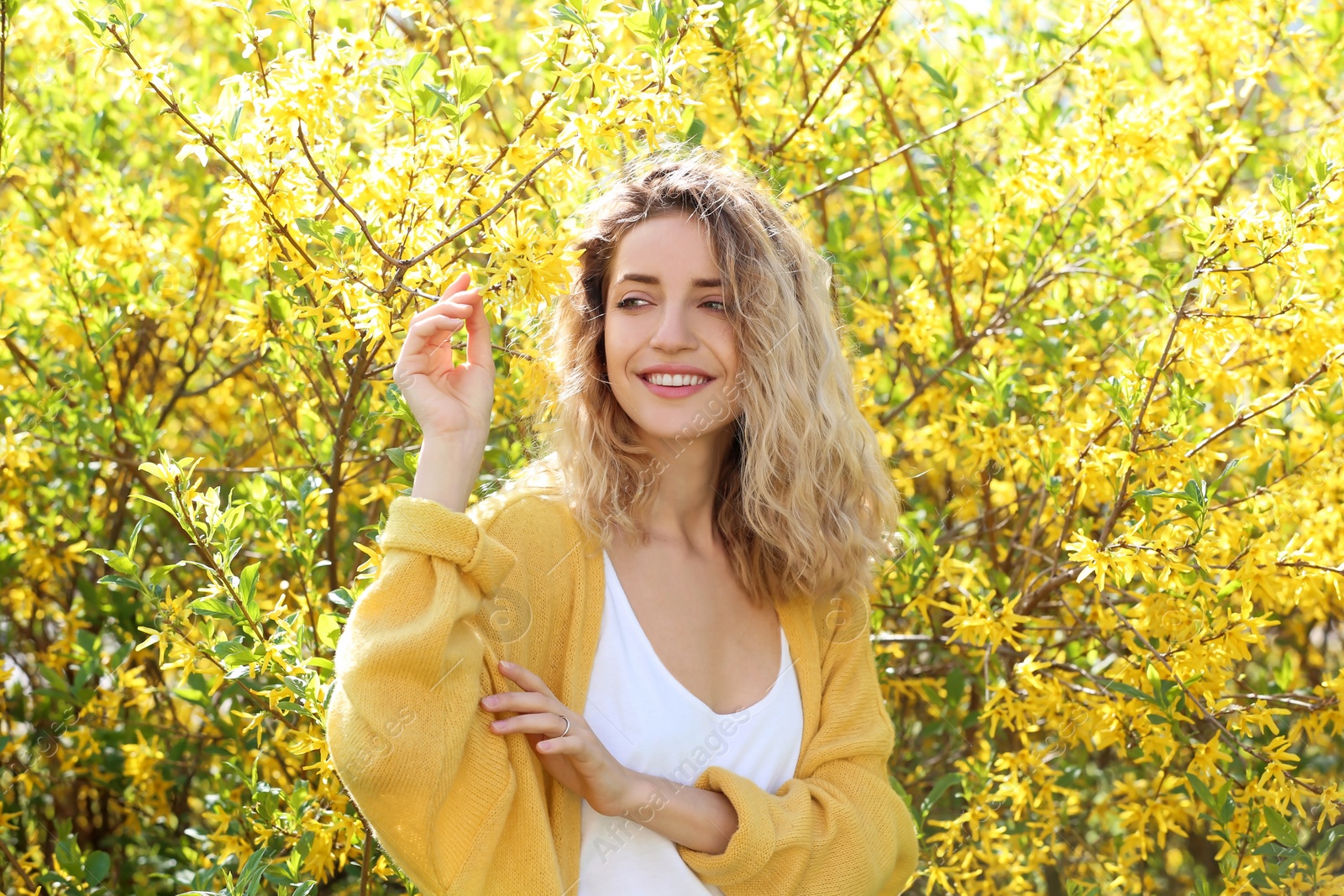 Photo of Attractive young woman posing near blossoming bush on sunny spring day