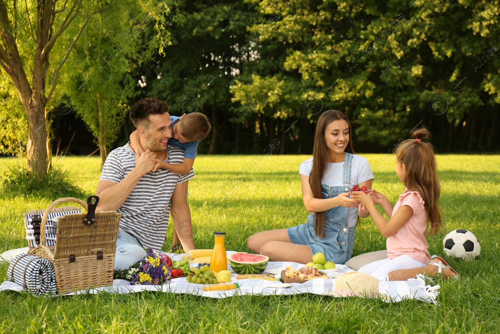 Photo of Happy family having picnic in park on sunny summer day