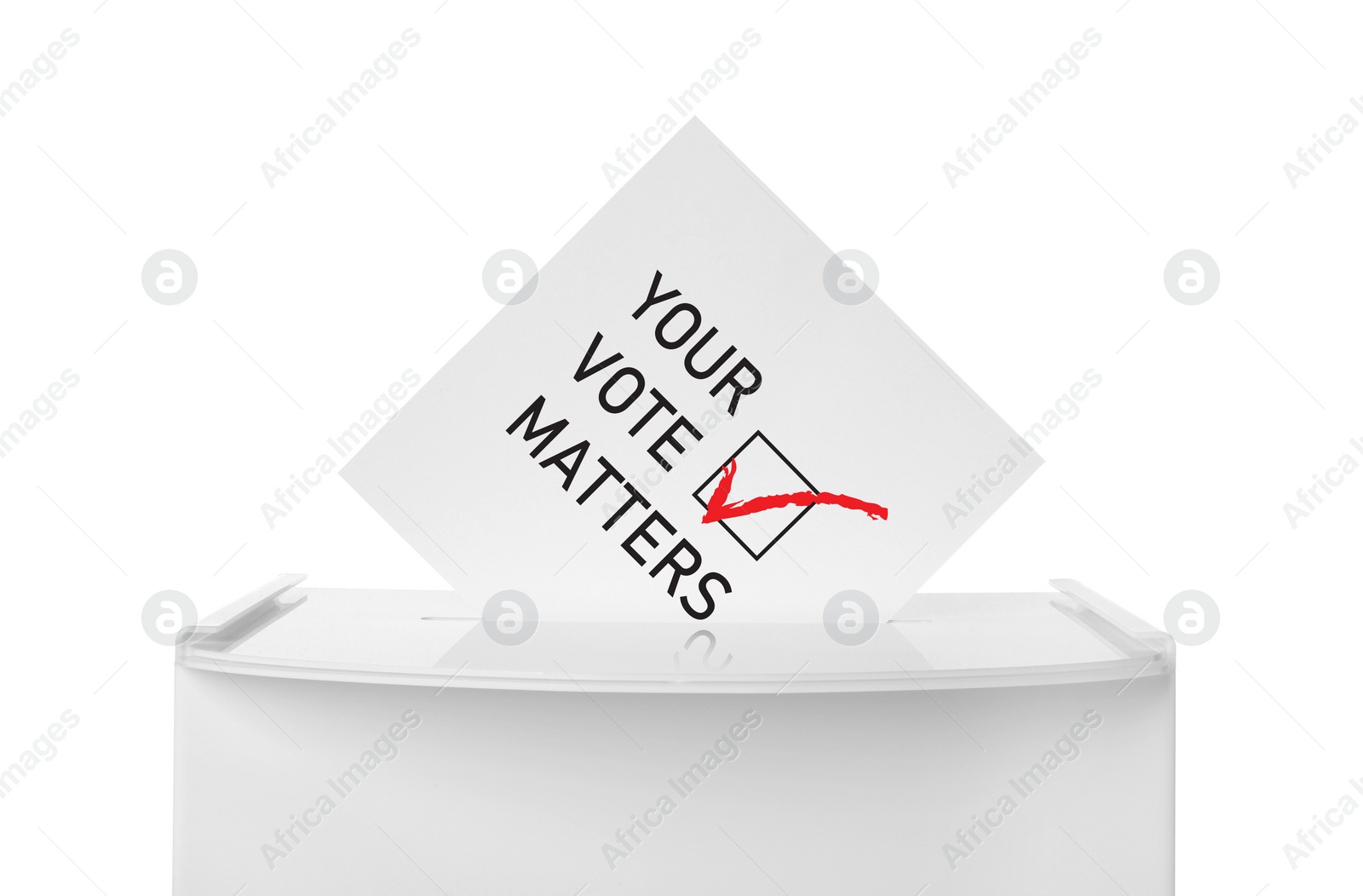 Image of Paper with text Your Vote Matters and tick sticking out of ballot box on white background