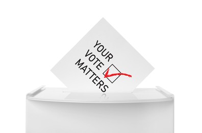 Paper with text Your Vote Matters and tick sticking out of ballot box on white background